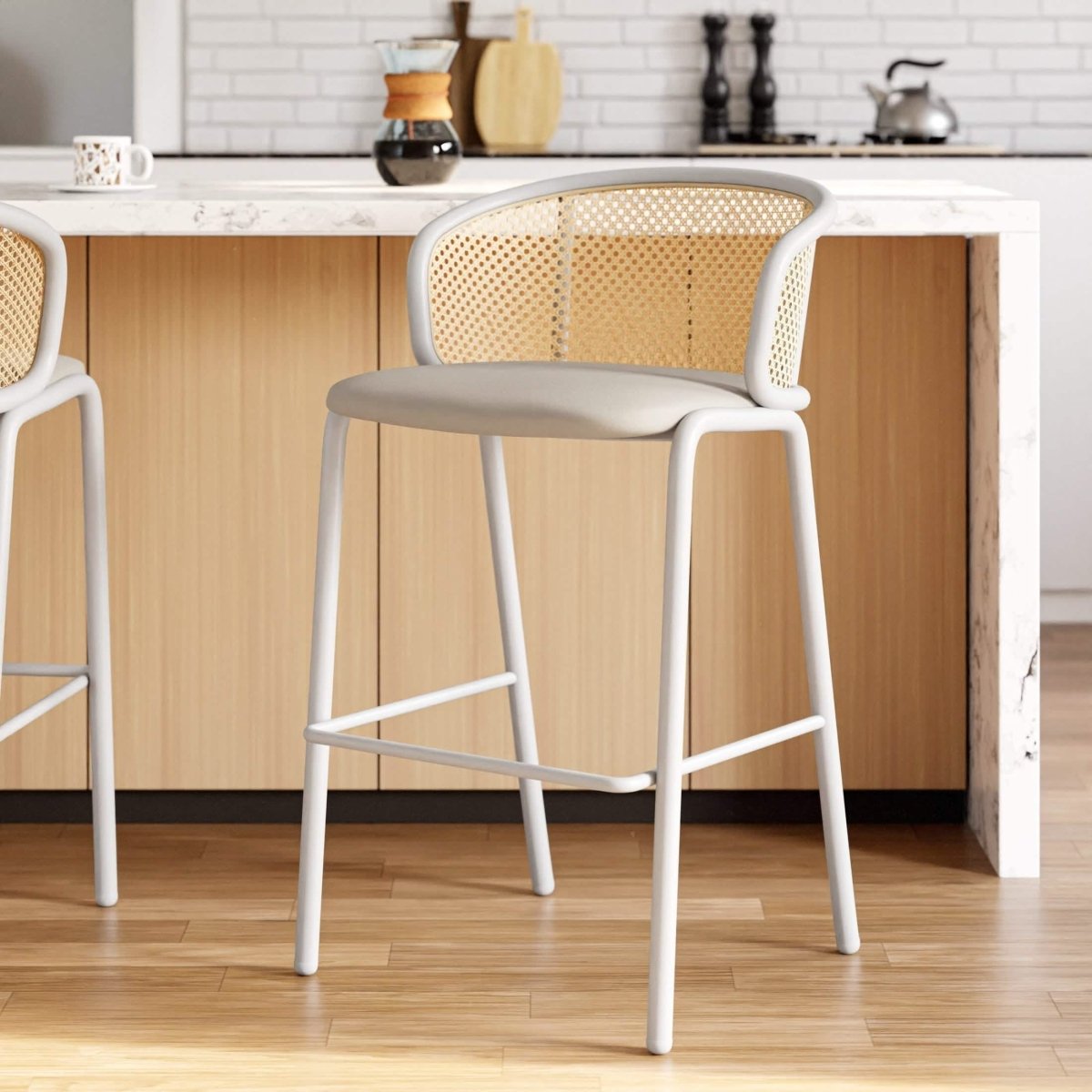 Ervilla Modern Wicker Bar Stool with Fabric Seat and White Powder Coated Steel Frame, Set of 2