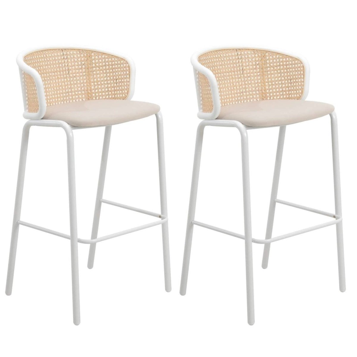 Ervilla Modern Wicker Bar Stool with Fabric Seat and White Powder Coated Steel Frame, Set of 2