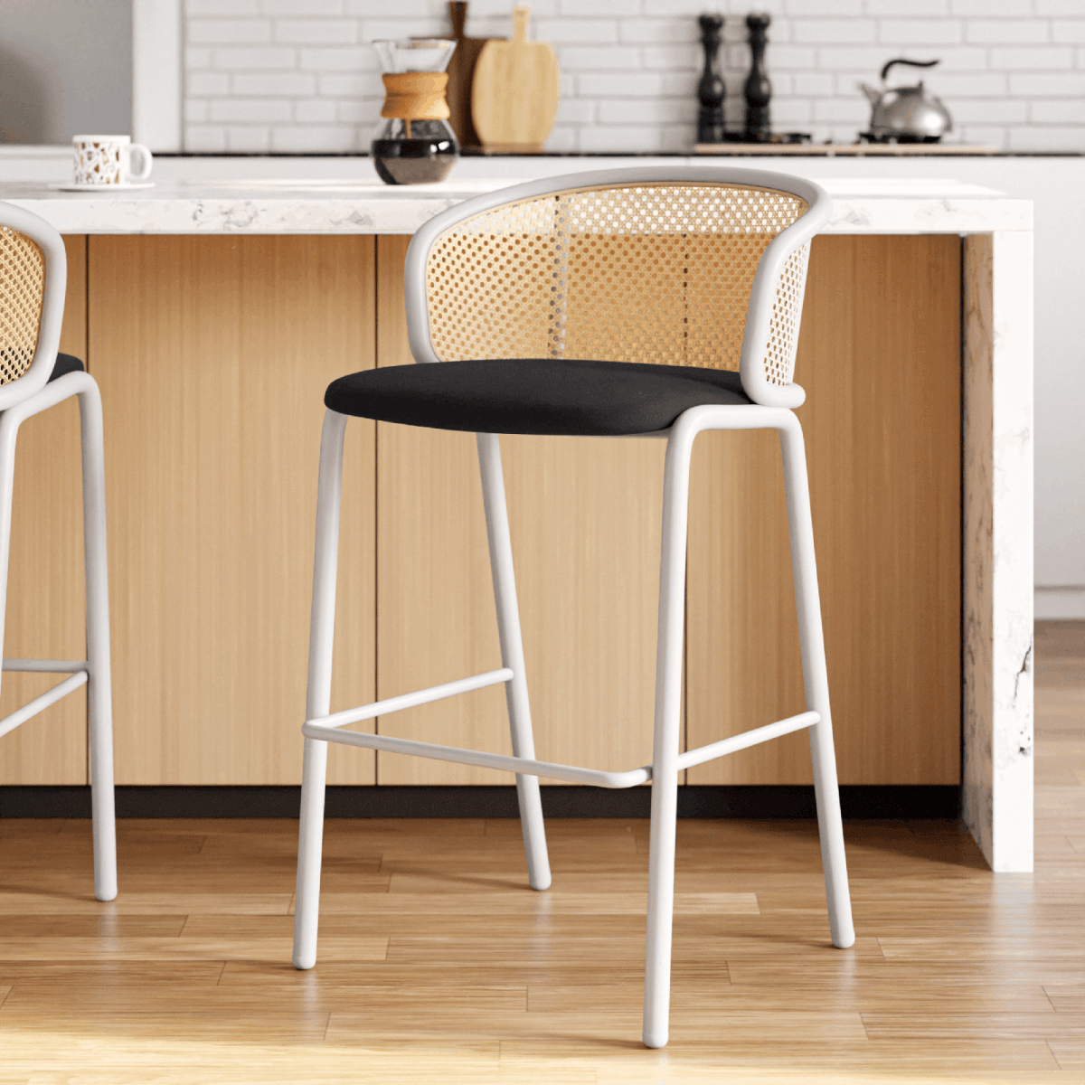 Ervilla Modern Wicker Bar Stool with Fabric Seat and White Powder Coated Steel Frame, Set of 2