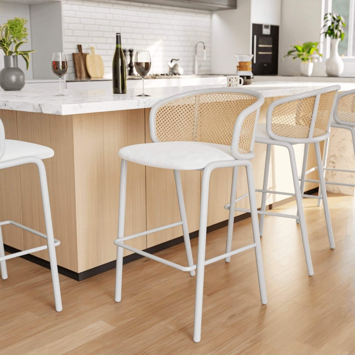 Ervilla Modern Wicker Bar Stool with Fabric Seat and White Powder Coated Steel Frame, Set of 2