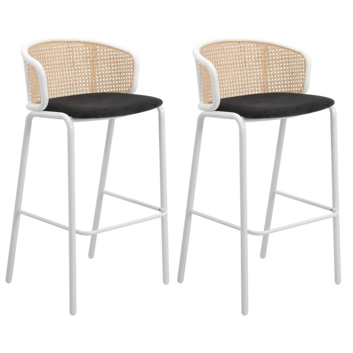 Ervilla Modern Wicker Bar Stool with Fabric Seat and White Powder Coated Steel Frame, Set of 2
