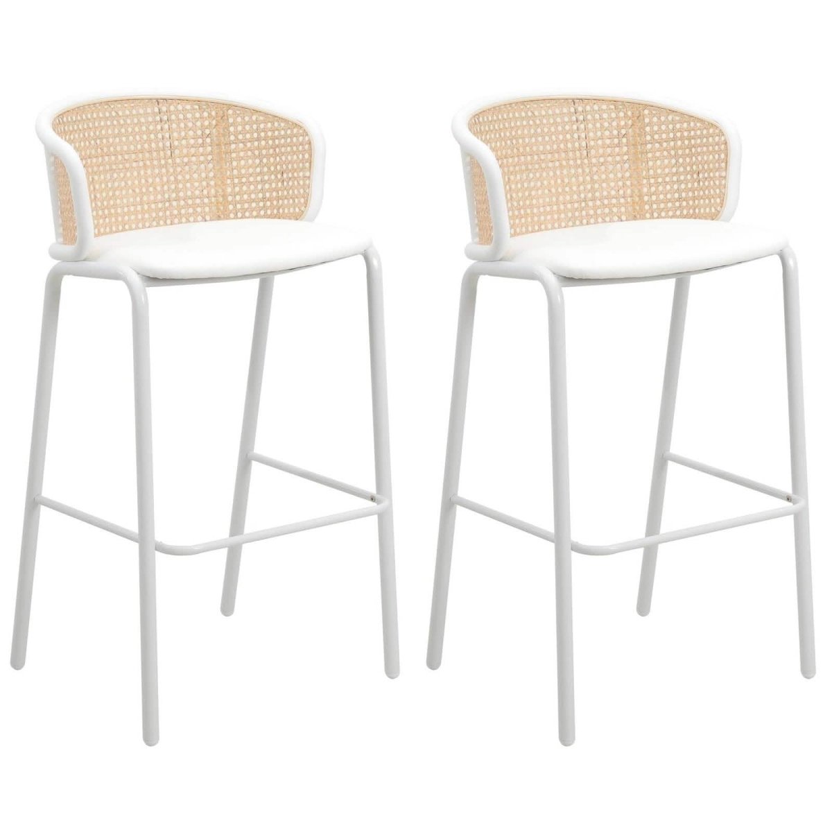 Ervilla Modern Wicker Bar Stool with Fabric Seat and White Powder Coated Steel Frame, Set of 2