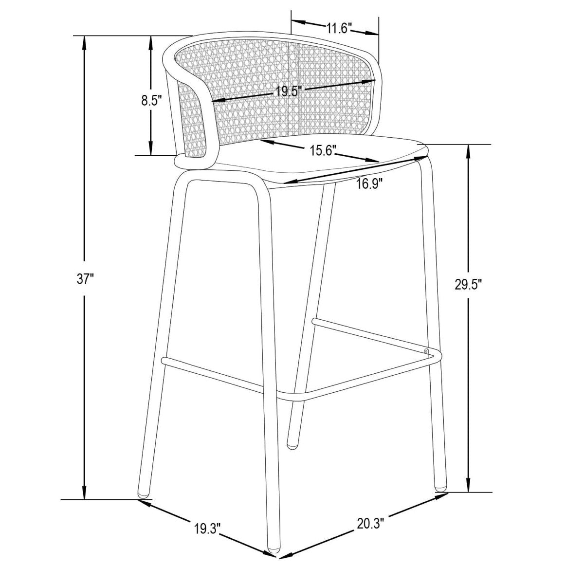 Ervilla Modern Wicker Bar Stool with Fabric Seat and White Powder Coated Steel Frame, Set of 2