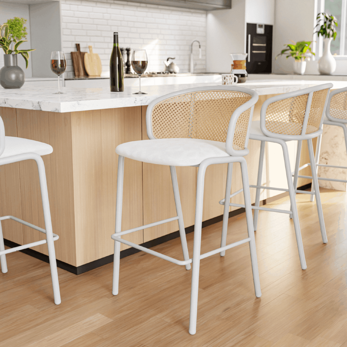 Ervilla Modern Wicker Bar Stool with Fabric Seat and White Powder Coated Steel Frame, Set of 2
