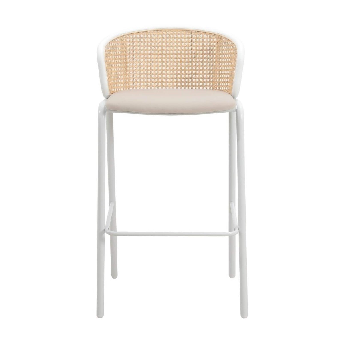 Ervilla Modern Wicker Bar Stool with Fabric Seat and White Powder Coated Steel Frame, Set of 2