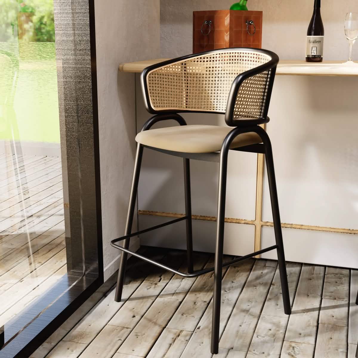 Ervilla Wicker Bar Stool with Leather Seat and Black/White Stainless Steel Frame
