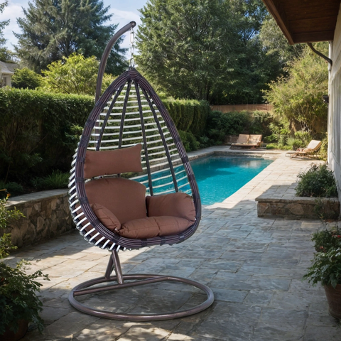 Single-Seater Wicker Hanging Egg Swing Chair with Brown Cushion