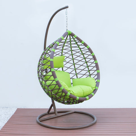 Single-Seater Wicker Hanging Egg Swing Chair with Green Cushion