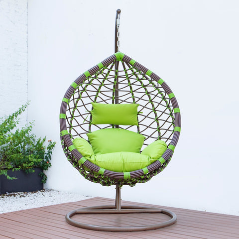 Single-Seater Wicker Hanging Egg Swing Chair with Green Cushion