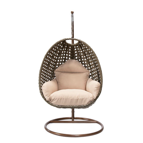 Modern Wicker Hanging Single Seating Egg Swing Chair in Beige/Charcoal/White Frame With Cushions