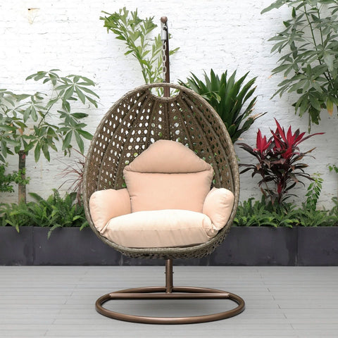 Modern Wicker Hanging Single Seating Egg Swing Chair in Beige/Charcoal/White Frame With Cushions