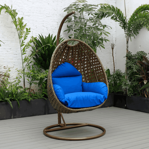 Modern Wicker Hanging Single Seating Egg Swing Chair in Beige/Charcoal/White Frame With Cushions