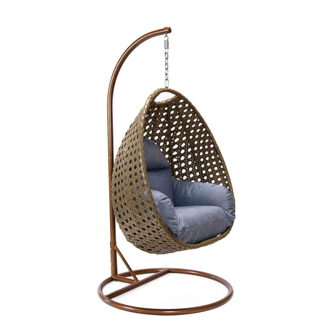 Modern Wicker Hanging Single Seating Egg Swing Chair in Beige/Charcoal/White Frame With Cushions