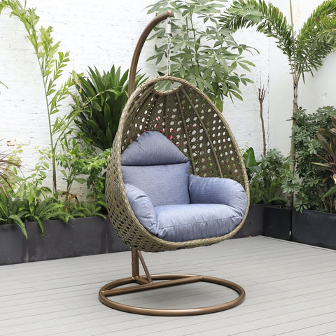 Modern Wicker Hanging Single Seating Egg Swing Chair in Beige/Charcoal/White Frame With Cushions