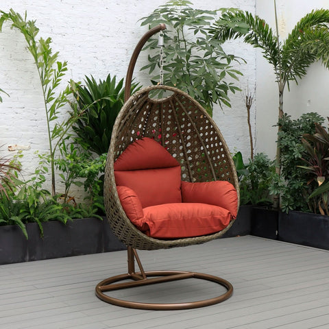 Modern Wicker Hanging Single Seating Egg Swing Chair in Beige/Charcoal/White Frame With Cushions