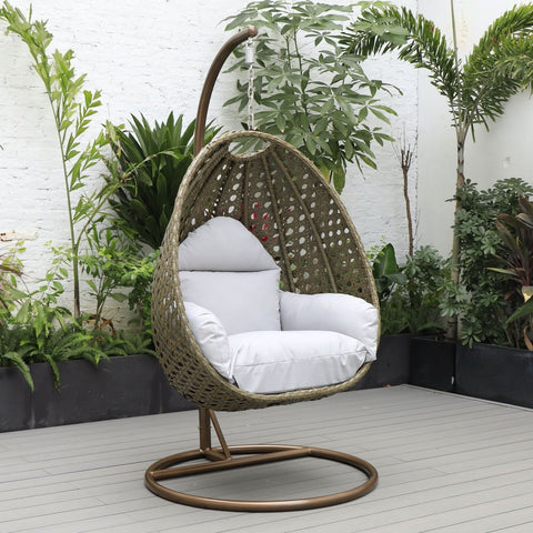 Modern Wicker Hanging Single Seating Egg Swing Chair in Beige/Charcoal/White Frame With Cushions