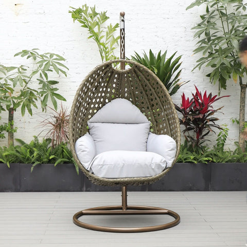 Modern Wicker Hanging Single Seating Egg Swing Chair in Beige/Charcoal/White Frame With Cushions
