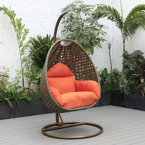Modern Wicker Hanging Single Seating Egg Swing Chair in Beige/Charcoal/White Frame With Cushions