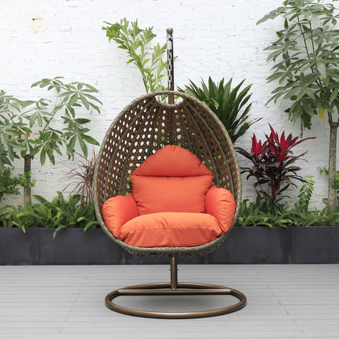 Modern Wicker Hanging Single Seating Egg Swing Chair in Beige/Charcoal/White Frame With Cushions