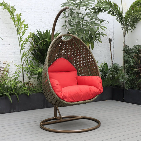 Modern Wicker Hanging Single Seating Egg Swing Chair in Beige/Charcoal/White Frame With Cushions