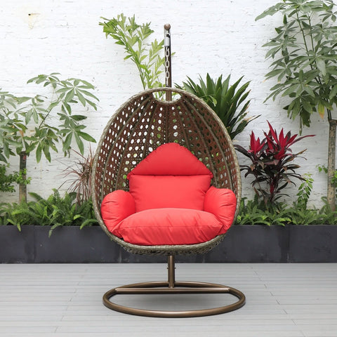 Modern Wicker Hanging Single Seating Egg Swing Chair in Beige/Charcoal/White Frame With Cushions