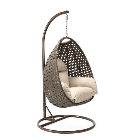 Modern Wicker Hanging Single Seating Egg Swing Chair in Beige/Charcoal/White Frame With Cushions