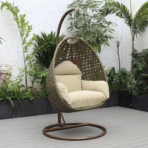 Modern Wicker Hanging Single Seating Egg Swing Chair in Beige/Charcoal/White Frame With Cushions