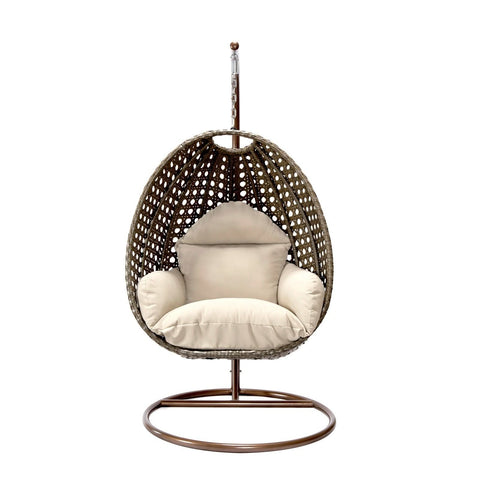 Modern Wicker Hanging Single Seating Egg Swing Chair in Beige/Charcoal/White Frame With Cushions