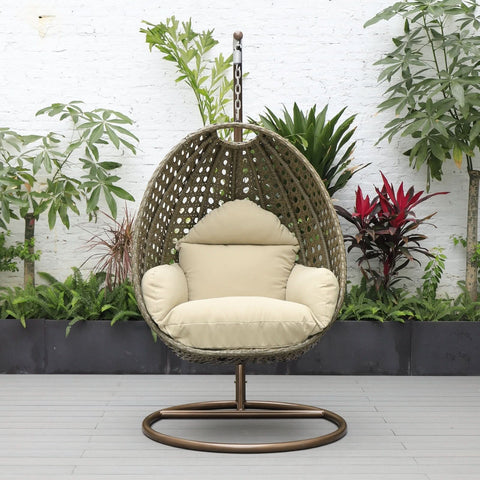 Modern Wicker Hanging Single Seating Egg Swing Chair in Beige/Charcoal/White Frame With Cushions