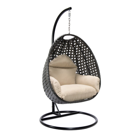 Modern Wicker Hanging Single Seating Egg Swing Chair in Beige/Charcoal/White Frame With Cushions