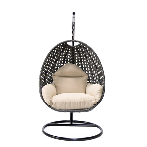Modern Wicker Hanging Single Seating Egg Swing Chair in Beige/Charcoal/White Frame With Cushions