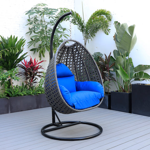 Modern Wicker Hanging Single Seating Egg Swing Chair in Beige/Charcoal/White Frame With Cushions