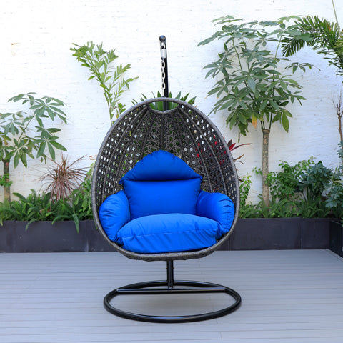 Modern Wicker Hanging Single Seating Egg Swing Chair in Beige/Charcoal/White Frame With Cushions