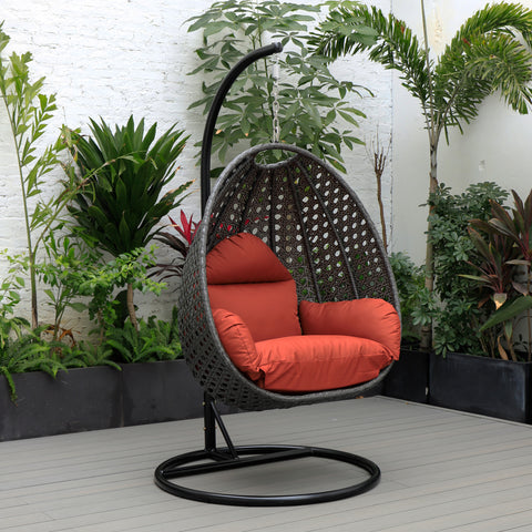 Modern Wicker Hanging Single Seating Egg Swing Chair in Beige/Charcoal/White Frame With Cushions