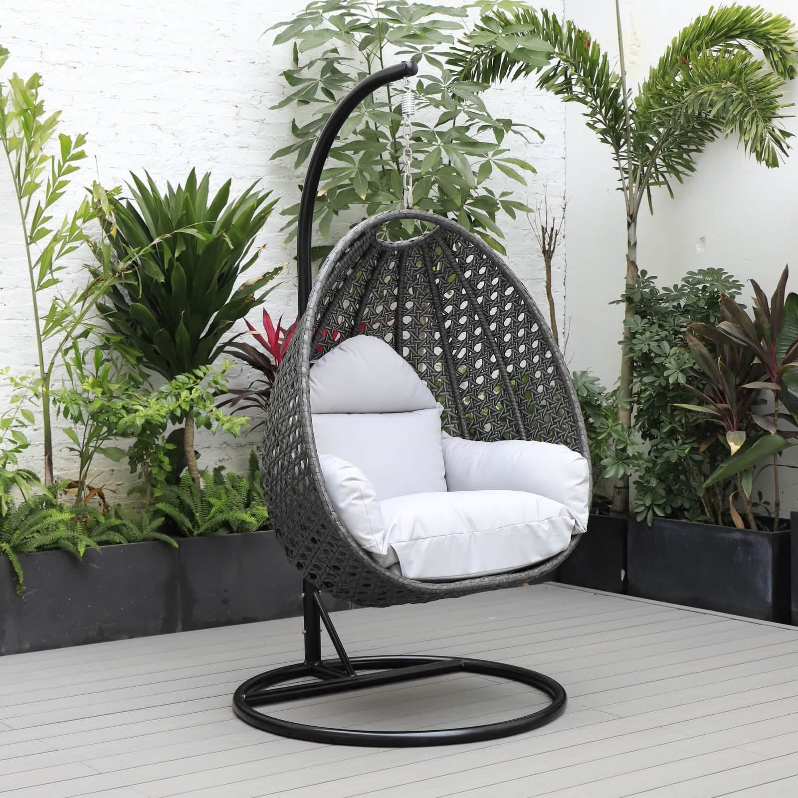 Charcoal Wicker Hanging Single Egg Swing Chair With Cushions Taupe Leisuremod