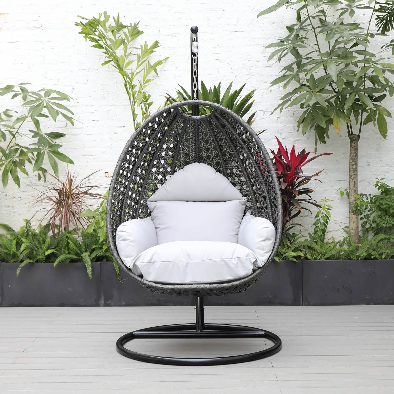 Charcoal Wicker Hanging Single Egg Swing Chair With Cushions Taupe Leisuremod