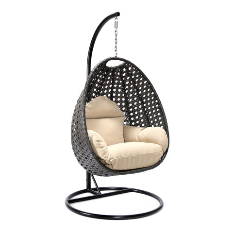 Modern Wicker Hanging Single Seating Egg Swing Chair in Beige/Charcoal/White Frame With Cushions
