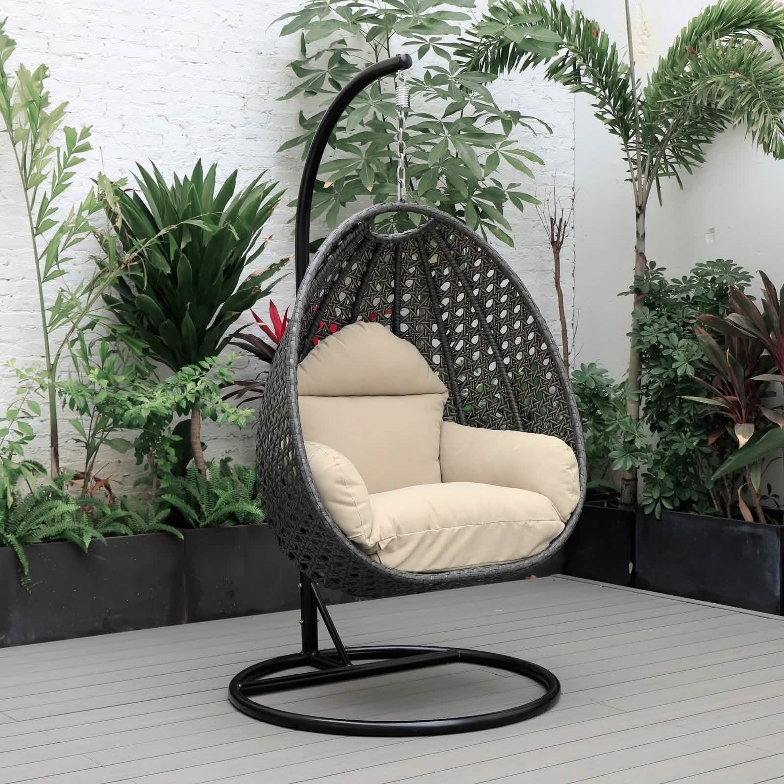 Charcoal Wicker Hanging Single Egg Swing Chair With Cushions Taupe Leisuremod