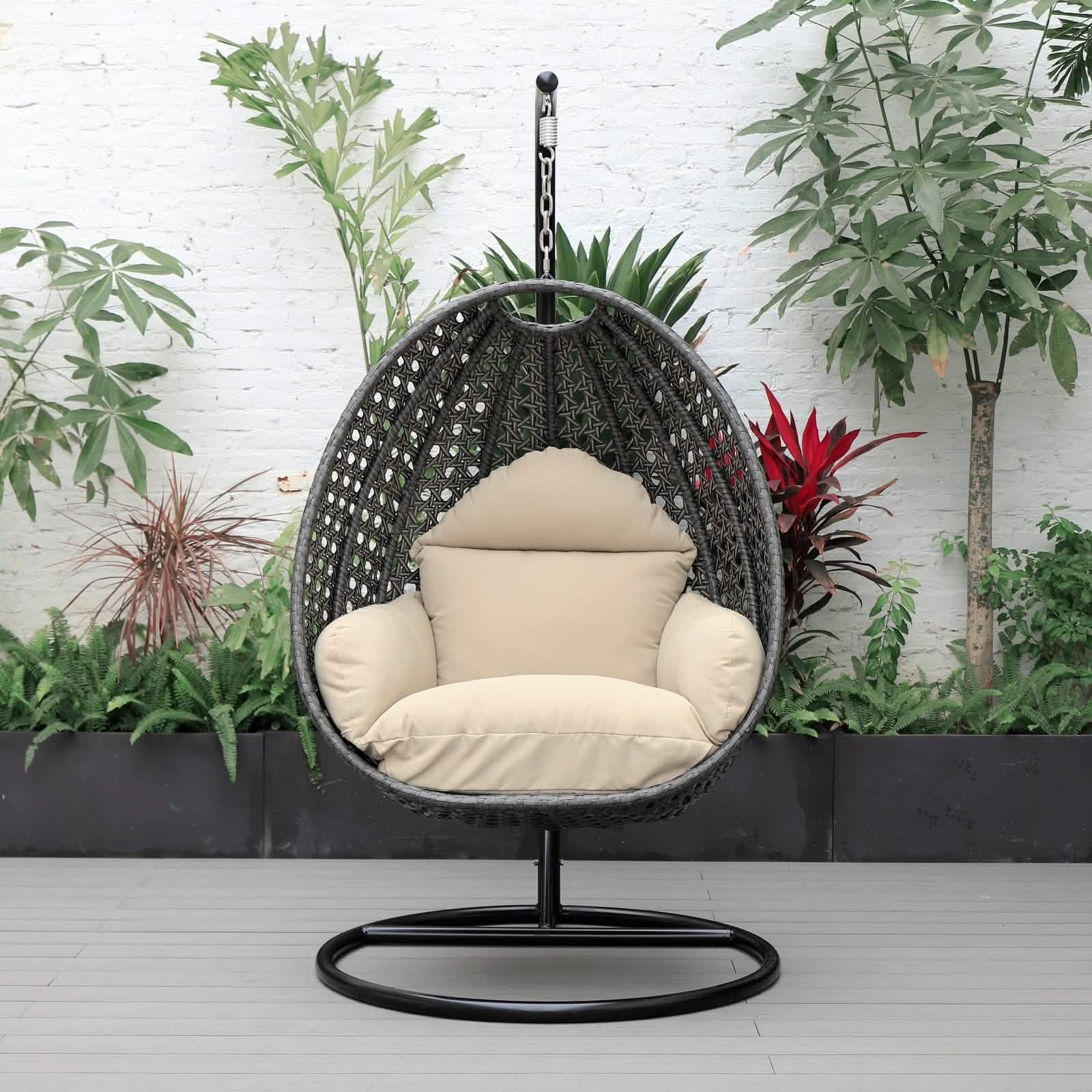 Charcoal Wicker Hanging Single Egg Swing Chair With Cushions Taupe Leisuremod