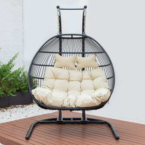 Wicker Two Seater Egg Swing Chair in Iron With Removable Cushion