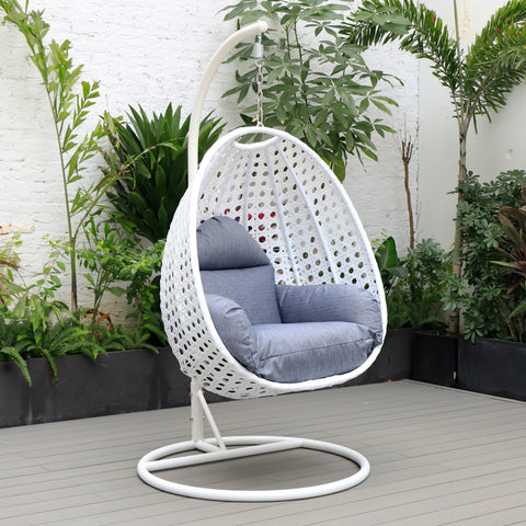 Modern Wicker Hanging Single Seating Egg Swing Chair in Beige/Charcoal/White Frame With Cushions
