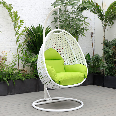 Modern Wicker Hanging Single Seating Egg Swing Chair in Beige/Charcoal/White Frame With Cushions