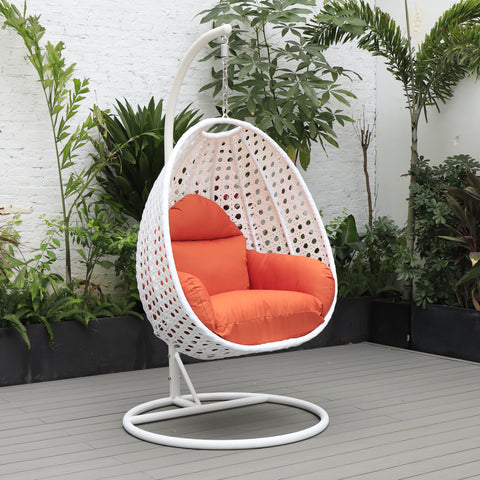 Modern Wicker Hanging Single Seating Egg Swing Chair in Beige/Charcoal/White Frame With Cushions