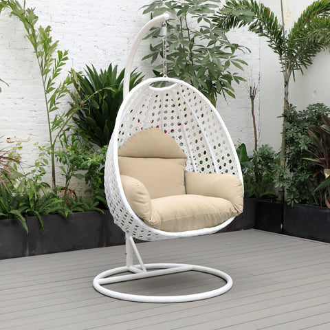 Modern Wicker Hanging Single Seating Egg Swing Chair in Beige/Charcoal/White Frame With Cushions