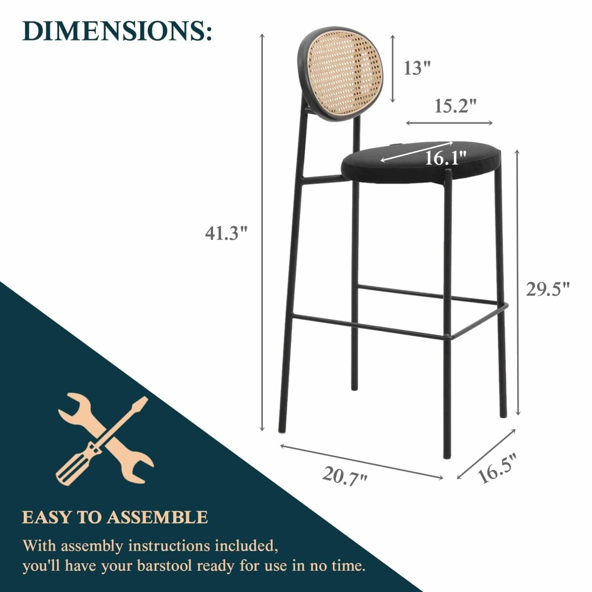 Euston Wicker Bar Stool with Black Powder Coated Steel Frame and Footrest, Set of 2