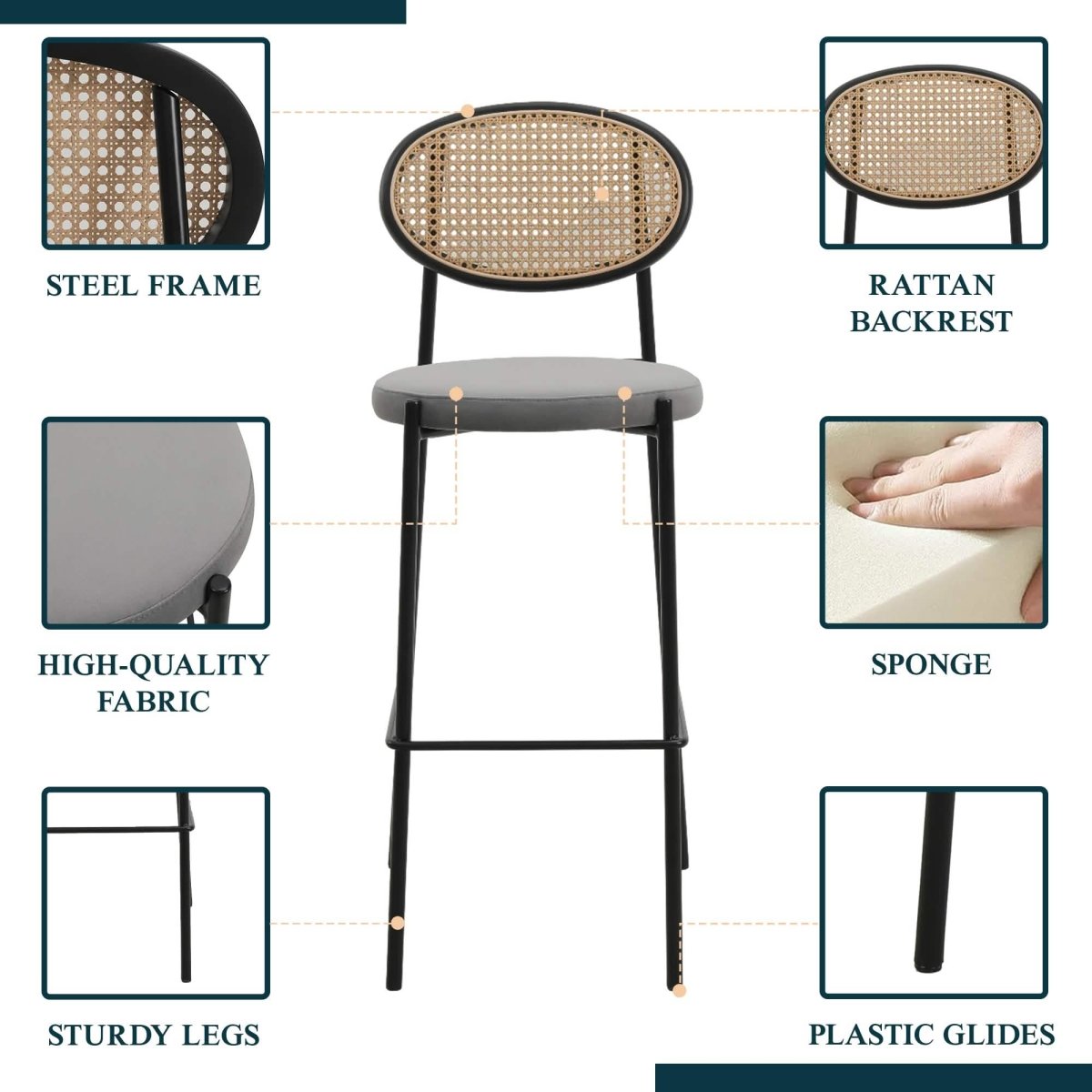 Euston Wicker Bar Stool with Black Powder Coated Steel Frame and Footrest, Set of 2