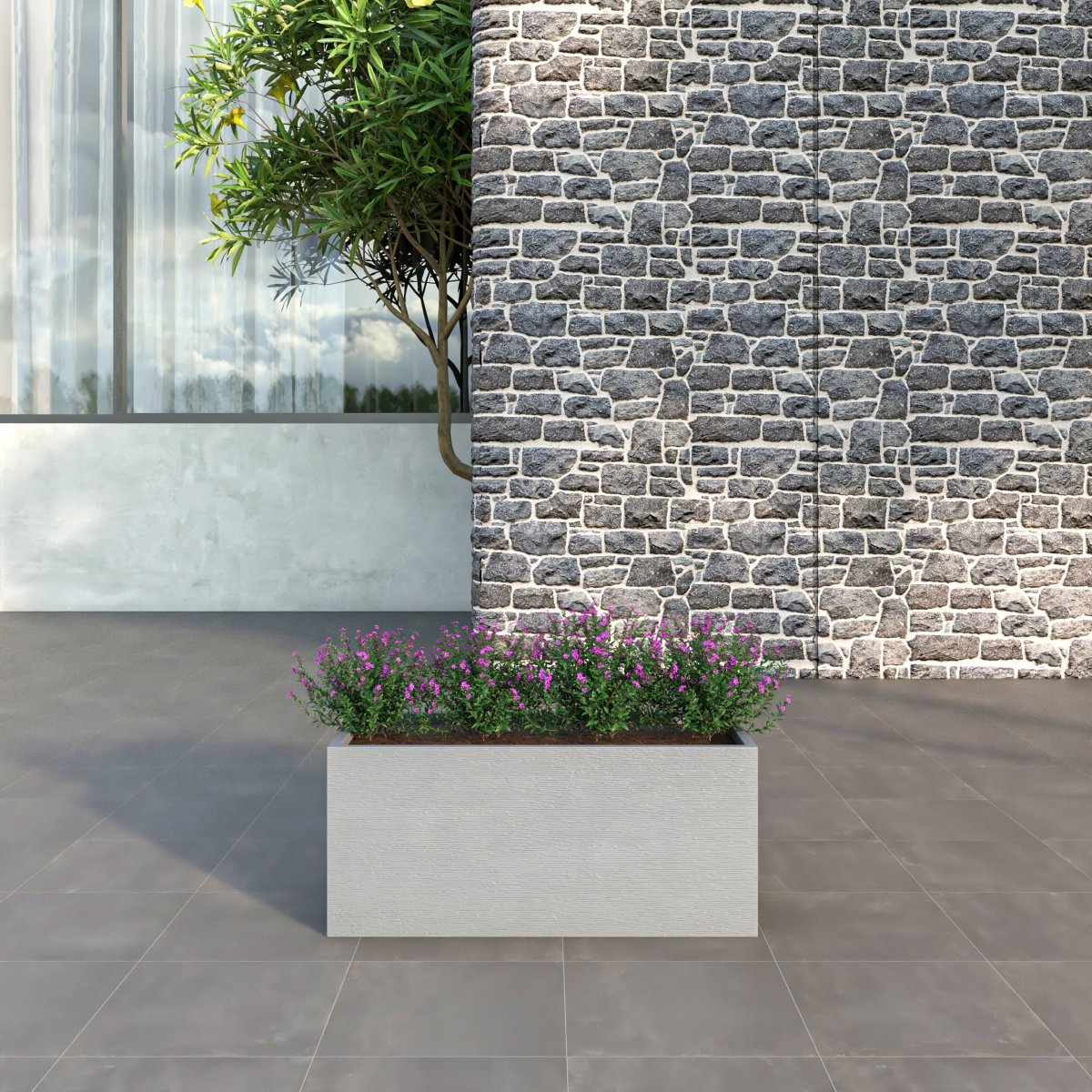 Flora Modern Rectangular Planter Pot in Fiberstone and Clay Weather Resistant Design in Grey