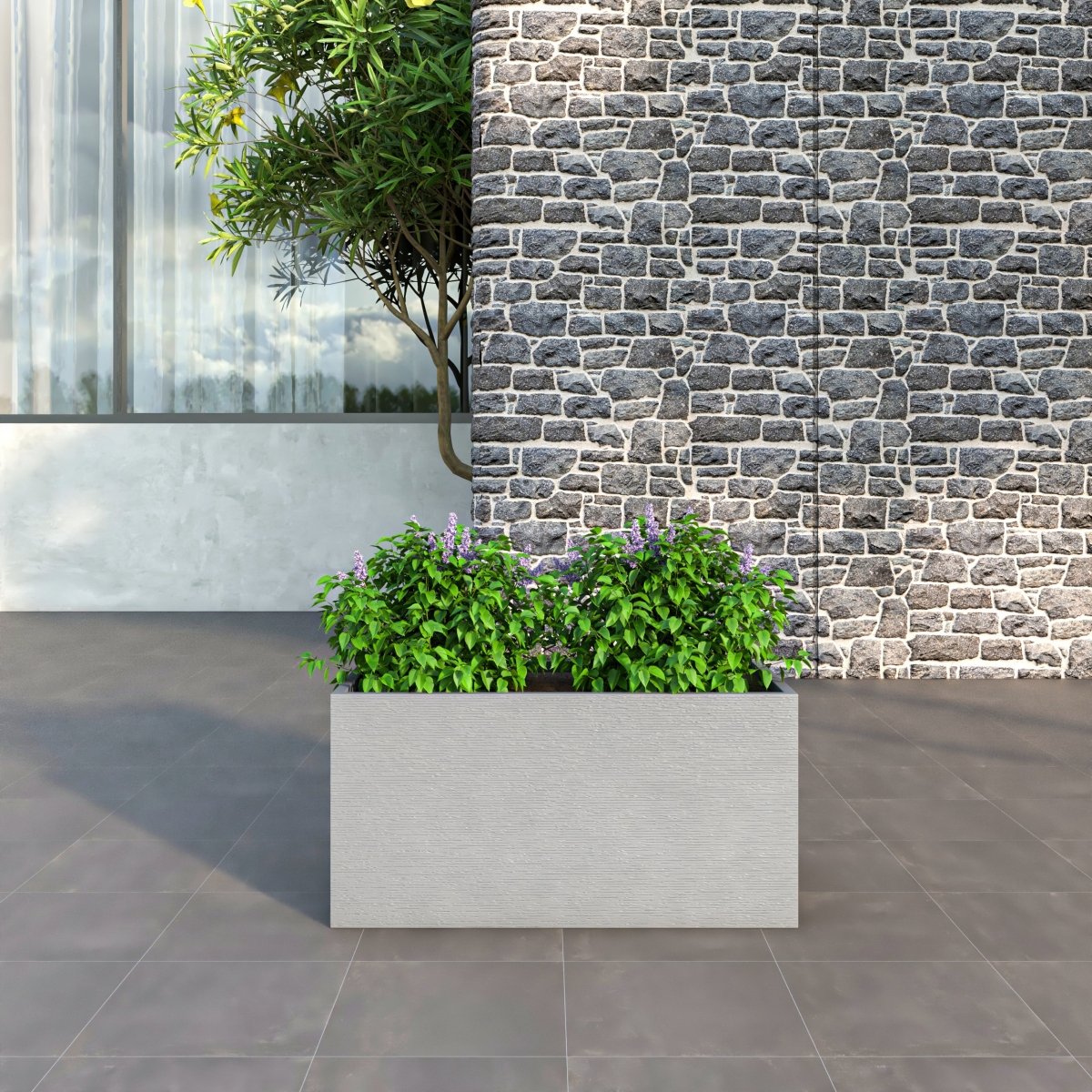 Flora Modern Rectangular Planter Pot in Fiberstone and Clay Weather Resistant Design in Grey