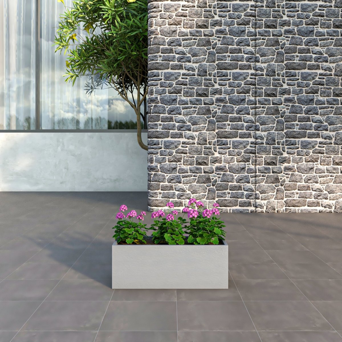 Flora Modern Rectangular Planter Pot in Fiberstone and Clay Weather Resistant Design in Grey