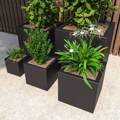 Fern 5-Piece Modern Fiberstone and MGO Clay Square Planter Set for Indoor and Outdoor